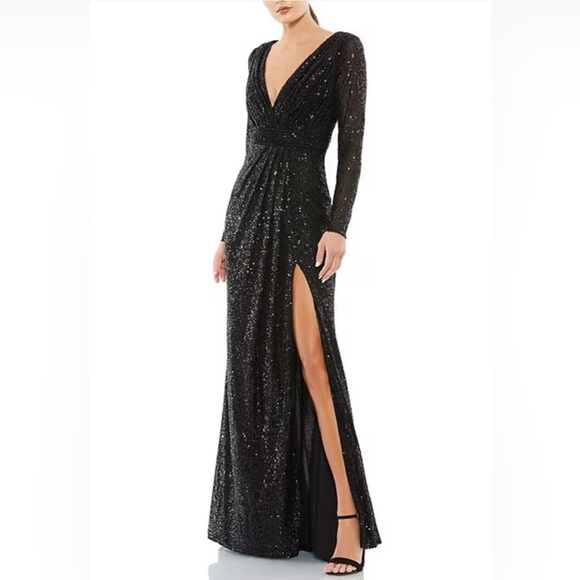 MAC DUGGAL 🆕 Leena Long Sleeve Deep Surplice V-Neck Sequin Thigh High Slit. 12 - Picture 1 of 5
